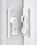 Matte White 90 Degree Barn Door Lock With Dual Locking System Zinc Alloy Right Angle Latch installed on white door