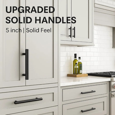 Kitchen cabinets with installed 15 Pack Black Cabinet Handles 5 Inch Stainless Steel Drawer Pulls With Precise Hole Spacing And Included Screws