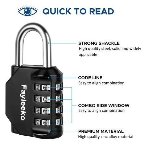 2 Pack 4 Digit Padlock Set For Lockers Gym School Fence Toolbox Case And Hasp Cabinets No Key Needed Resettable 4 Digit Locks With 10,000 Possible Codes Portable And Easy To Use Black, features labeled