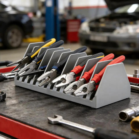 Two Pack 10 Slot Pliers Organizer Rack Set For Tools Drawer With Non Slip Rubber Base holding various pliers in a workshop setting