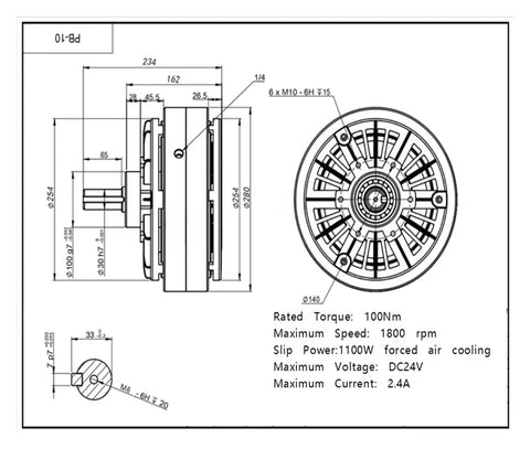 Technical diagram of Single Shaft Magnetic Powder Brake 100 Nm Torque, 1800 RPM Max, DC24V, compact design with measurements