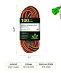 100 Foot 12/3 SJTW Outdoor Extension Cord with Lighted End Orange Heavy Duty Contractor Grade Moisture Resistant