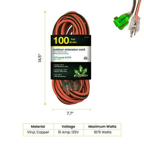 100 Foot 12/3 SJTW Outdoor Extension Cord with Lighted End Orange Heavy Duty Contractor Grade Moisture Resistant