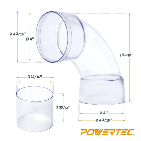 4 Inch ID 90 Degree Dust Collection Elbow With Built In Coupler And Bonus Splice For 4 Inch ID Dust Hose Connector Clear in side view