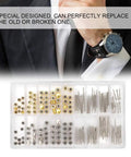 Gold And Silver Watch Stem Extender And Repair Kit With Stainless Steel Parts in box, shown with watch on wrist