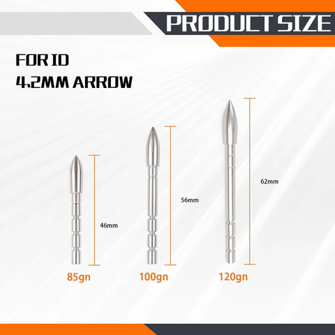 Pro Grade Field Points Archery Tips 85 100 120 Grain For 4.2mm ID Shafts Pack Of 12 shown in sizes 46mm, 56mm, 62mm