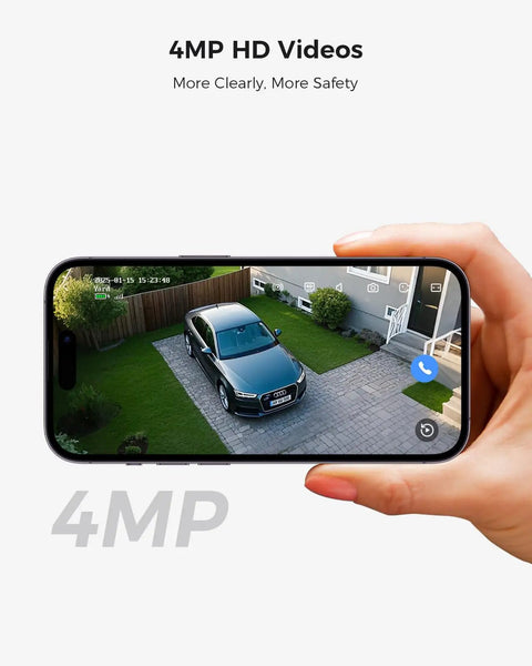 Person viewing footage on phone from Solar Powered Wireless Outdoor Security Camera System Kit With Four Cameras, 4MP HD Video