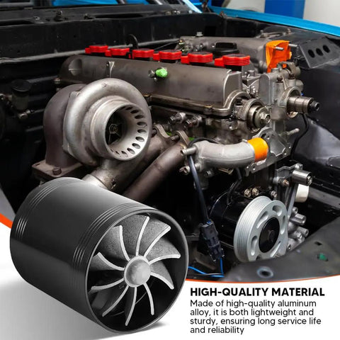 Dual Turbine Air Intake Turbonator Performance Kit in black aluminum for vehicles, shown near engine for universal fit and fuel saving