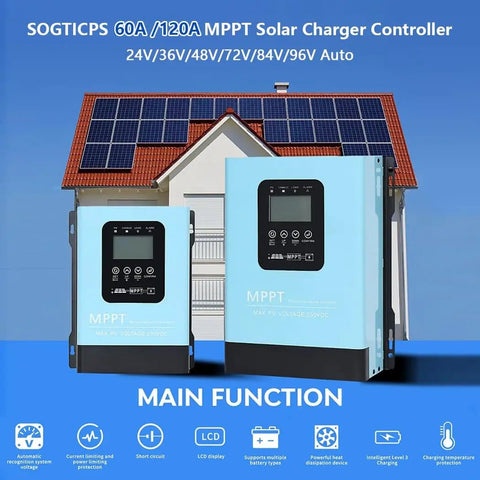 Beast 60 Amp MPPT Solar Charge Controller For 12V To 96V Systems with house solar panel setup in background