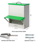 Heavy Duty Metal Chicken Feeder For Backyards with green lid, holds 25 lbs, includes stainless steel shovel and expansion screws.