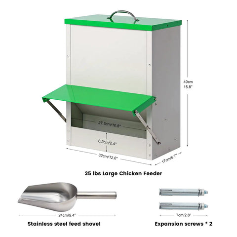 Heavy Duty Metal Chicken Feeder For Backyards with green lid, holds 25 lbs, includes stainless steel shovel and expansion screws.