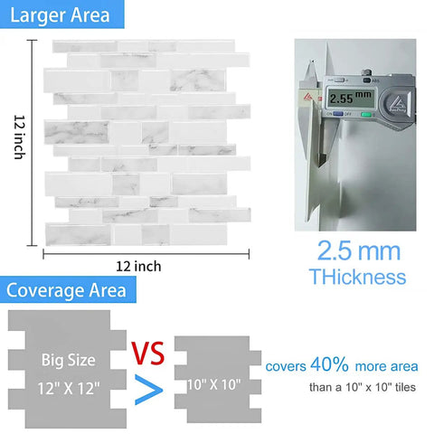 Marble Peel And Stick Backsplash For Kitchen, Thick Self Adhesive Wall Tiles You Can Stick On, No Grout Needed, Marble Look Decorative Tiles, 10 Sheets 12x12 Inches, Upgraded 2-3X Thickness And 5X Stronger Adhesive
