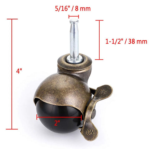 2 Inch Ball Caster With Grip Neck Stem And Brake Sockets For Furniture Set Of Four Vintage Swivel Caster Wheels For Ottoman And Coffee Table Heavy Duty Plastic And Steel Construction Each Caster Supports Up To 88 Lbs Stem Mount Five Sixteenths Inch By