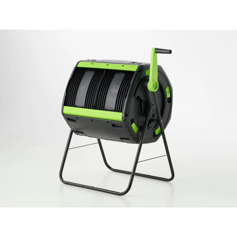 Dual Compartment 48 Gallon Compost Tumbler with Easy Turning Geared Design, green handle, black structure, side view