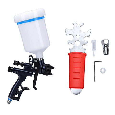Professional HVLP Spray Gun With 1.3mm Nozzle And 600ml Removable Cup, featuring paint cup and tools for precise automotive painting.