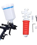 Top Shelf Hvlp Paint Sprayer Gun Featuring 1.3 Mm Nozzle And 600 Ml Reusable Cup For Auto Furniture And Woodworking Dropping Hella Even Basecoat And Clear Coat Finishes Daily with nozzle and accessories.