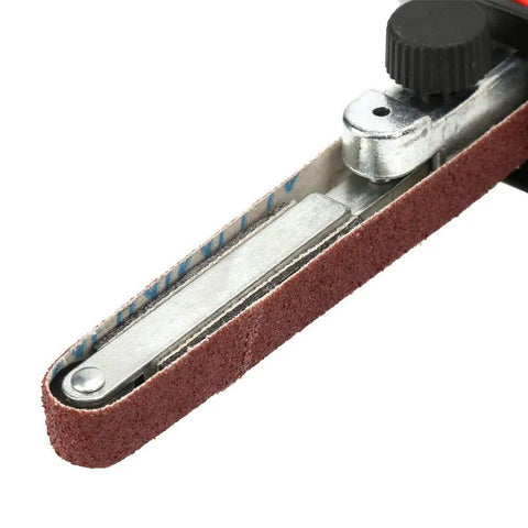 Heavy Duty Belt Sander Adapter For Angle Grinder featuring five eighth inch thread and sanding belt for precise shaping.