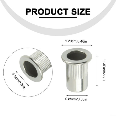 1/4-20 Stainless Steel Rivet Nut Inserts Flat Head Knurled Rivnuts 40 Pack with size details for various projects