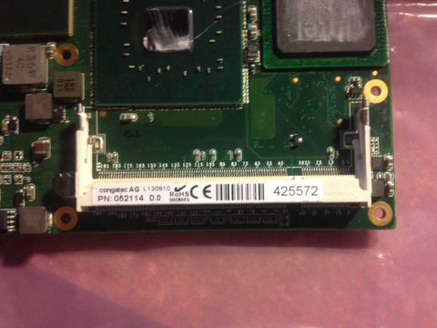 Close-up of Model 052114 D-64711 COM Express Basic Core 2 Duo single unit with GBit Ethernet, 2x SODIMM sockets, industrial embedded PC.