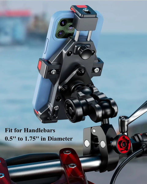 Heavy Duty Motorcycle Phone Mount With Silent Vibration Dampener And Lockdown Anti Theft Safety Knob for Cruiser and Sportbike Grips on handlebars.