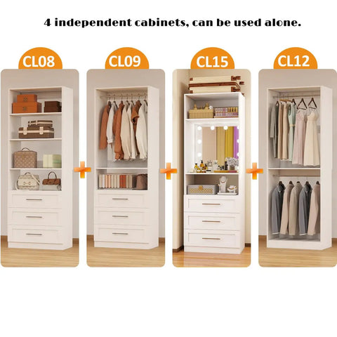Massive Modular Closet System With Four Freestanding Units Nine Spacious Drawers Seven Flex Shelves And Hanging Rods Built In Led Light Plus Full Length Mirror For Your Dream Setup White
