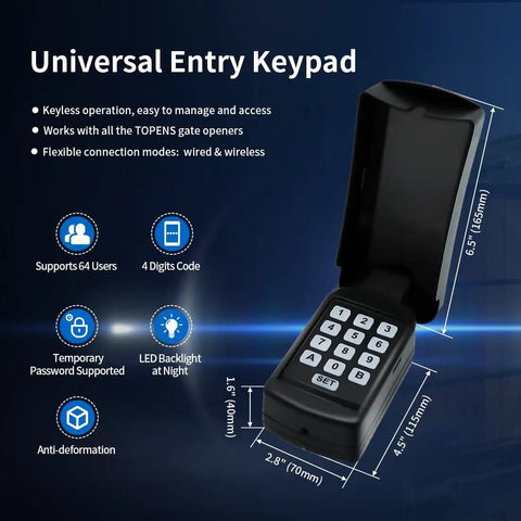 Universal Wireless and Wired Keypad for Gate Opener TC188 Keyless Entry Panel waterproof keypad with open lid showing keypad.