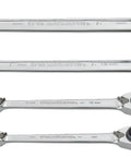 4 Pc QuadBox Reversible Ratcheting Wrench Set With Thumb Lever Metric, high polish chrome, four sizes, industrial steel.