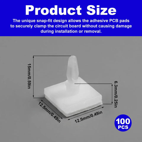 100 Pack Nylon PCB Adhesive Standoffs For Circuit Boards 0.25 Inch Insulated Spacers showing size dimensions, 12.5mm square and 15mm high.