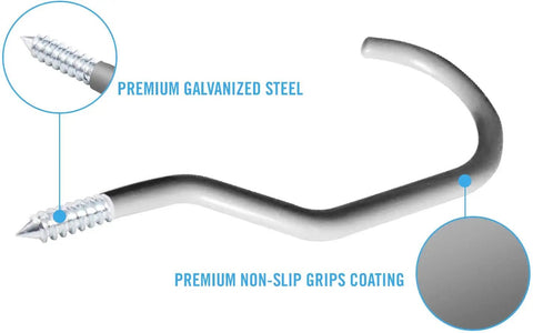 Close-up of a heavy duty steel screw-in hook with non-slip grips, part of the 8 Pack Bike Hanger Storage Hooks for garage use.