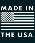 Made in USA label with American flag design in white on dark background