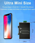 Size comparison of Rugged Industrial 5 Port Gigabit Ethernet Switch with a smartphone for CCTV and factory automation.