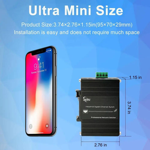 Size comparison of Rugged Industrial 5 Port Gigabit Ethernet Switch with a smartphone for CCTV and factory automation.