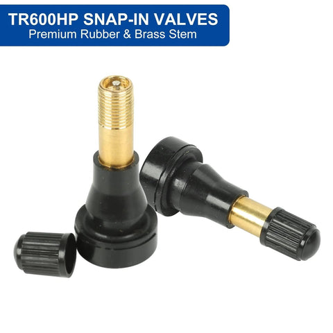TR-600HP snap-in tire valve stems, 1-1/4 in brass-threaded, black bases, 25-pack