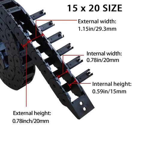 Dimensions of Open Type Drag Chain Cable Carrier 39.4 Inch For CNC Router Mill And 3D Printer with R28 Bend Radius Nylon PA66 1 Meter Length