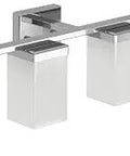 Four Light Chrome Vanity Light Fixture With Frosted Glass For Bathrooms, Dual Mount 90 Degree Design, showcasing modern style.