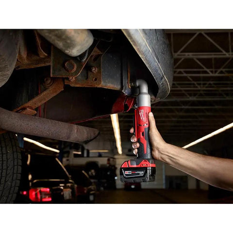 Knuckle Buster Cordless Right Angle Impact Wrench Featuring Dual Speed Drive Control Anvil used for automotive repair under vehicle.