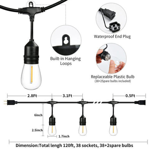 Diagram of 120 Ft Outdoor LED String Lights Waterproof with 40 Shatterproof Warm Edison Bulbs, showing dimensions and details.