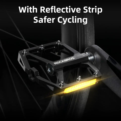 Dope Aluminum Flat Pedals With Reflective Strips For Mountain Bikes And BMX MTB Road Bikes, side view on wheel