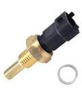 Close-up of HiSport coolant temperature sensor with brass threaded probe, black plastic connector, and metal washer.