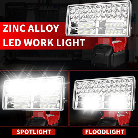Cordless LED Work Light For Milwaukee M18 Battery 40W 4200LM With 3 Modes 9 Inch Zinc Alloy Spotlight showing multiple lighting modes