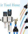 Clear PU air hose 1/4 in OD with blue fittings and regulator gauge (front view)