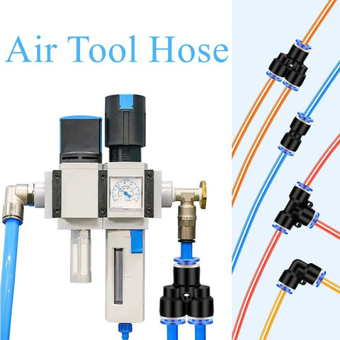Clear PU air hose 1/4 in OD with blue fittings and regulator gauge (front view)
