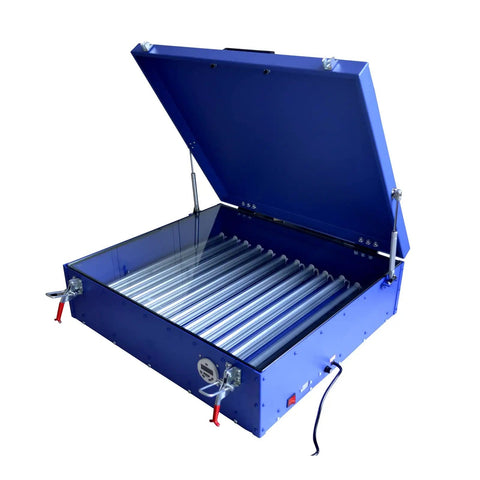 Dope UV Exposure Box for Silk Screen Printing with 12 LED Tubes, open lid view, blue light design, 24 by 28 inch screen size.
