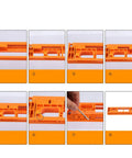 Top Rated Shop Favorite Adjustable Concealed Hinge Router Template For Cabinet Doors Reusable Woodworking Jig in orange with screw adjustments.