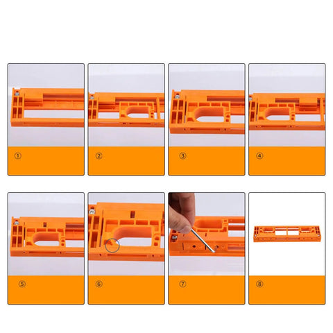 Top Rated Shop Favorite Adjustable Concealed Hinge Router Template For Cabinet Doors Reusable Woodworking Jig in orange with screw adjustments.