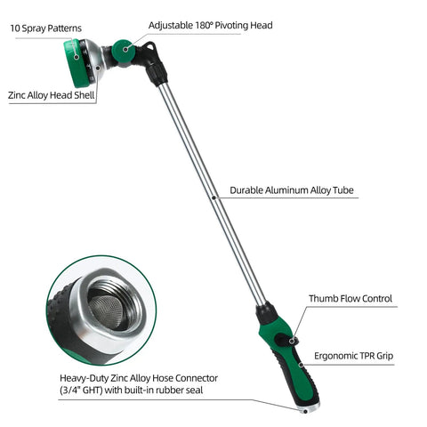 Long Reach 24 Inch Watering Wand With Pro Grade Thumb Control Nozzle, Heavy Duty Garden Hose Attachment, 180 Degree Pivoting Head
