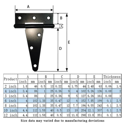 Dang Tough Heavy Duty 4 Inch Black Tee Hinges For Barn Gates And Fences Rustproof Wrought Iron Hardware dimensions and measurements chart.