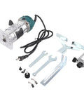 Built Tough 800W Electric Palm Router With Clear Base And Soft Touch Rubber Grip Smooth As Butter 30000 Rpm Handheld Woodworking Tool and accessories on a white background.
