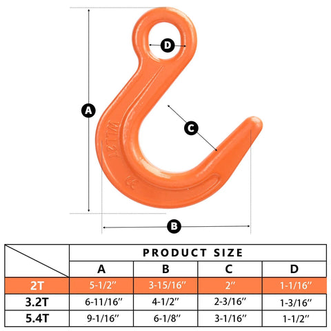 Leero orange 2-ton safety lifting hook with large opening, G80 alloy steel crane hook (front view)