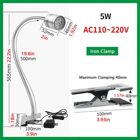 Heavy Duty Flexible Gooseneck Work Light With Dual Clamp Options For Home Or Office Spot Lighting On CNC Machines Lathes And Industrial Scenes Featuring Iron Grip Lamp Fixture with iron clamp and flexible arm details.
